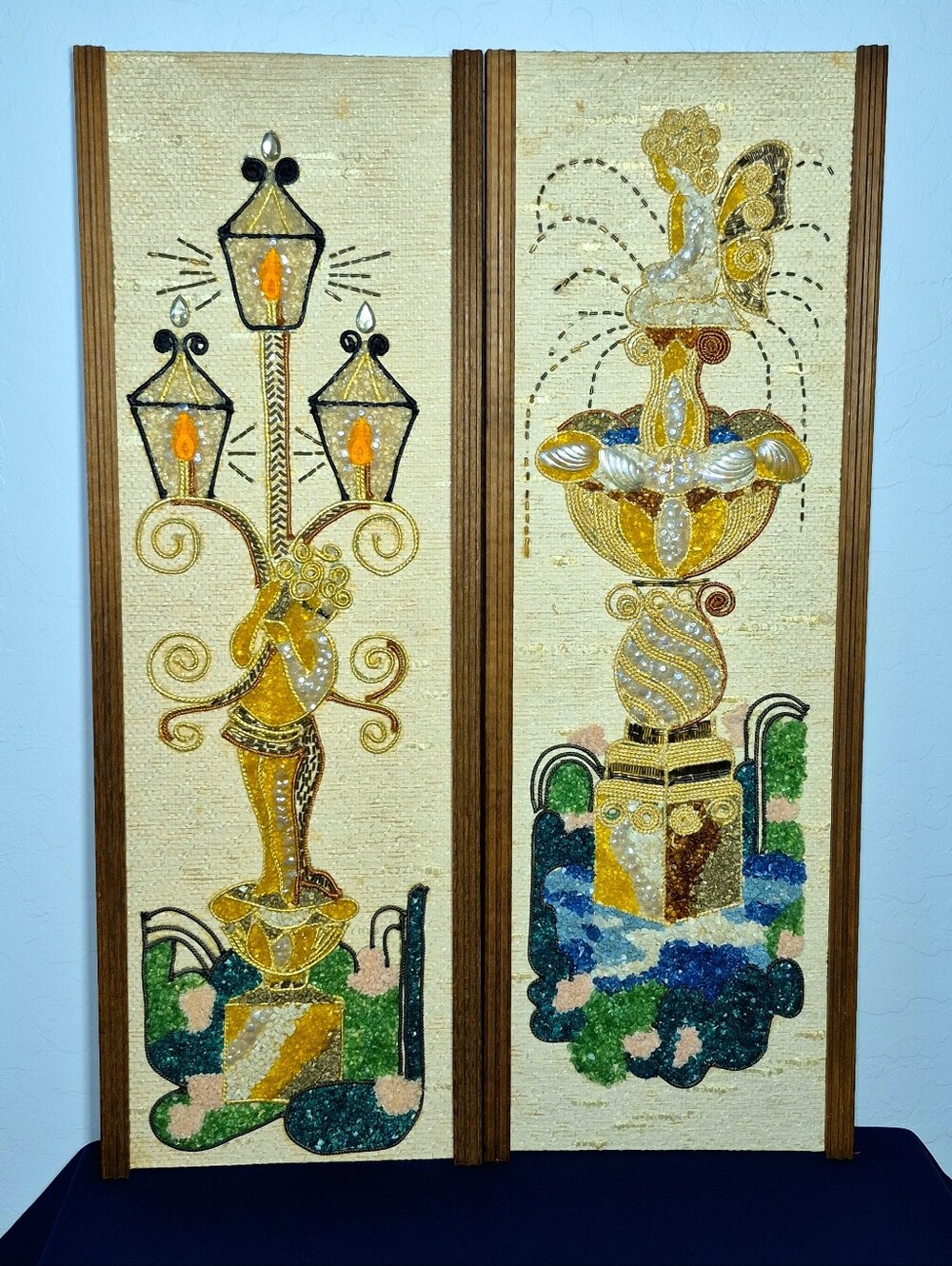 Vintage MCM Gravel Pebble Art Panels Pair Mid Century Fountain & Fairy Set